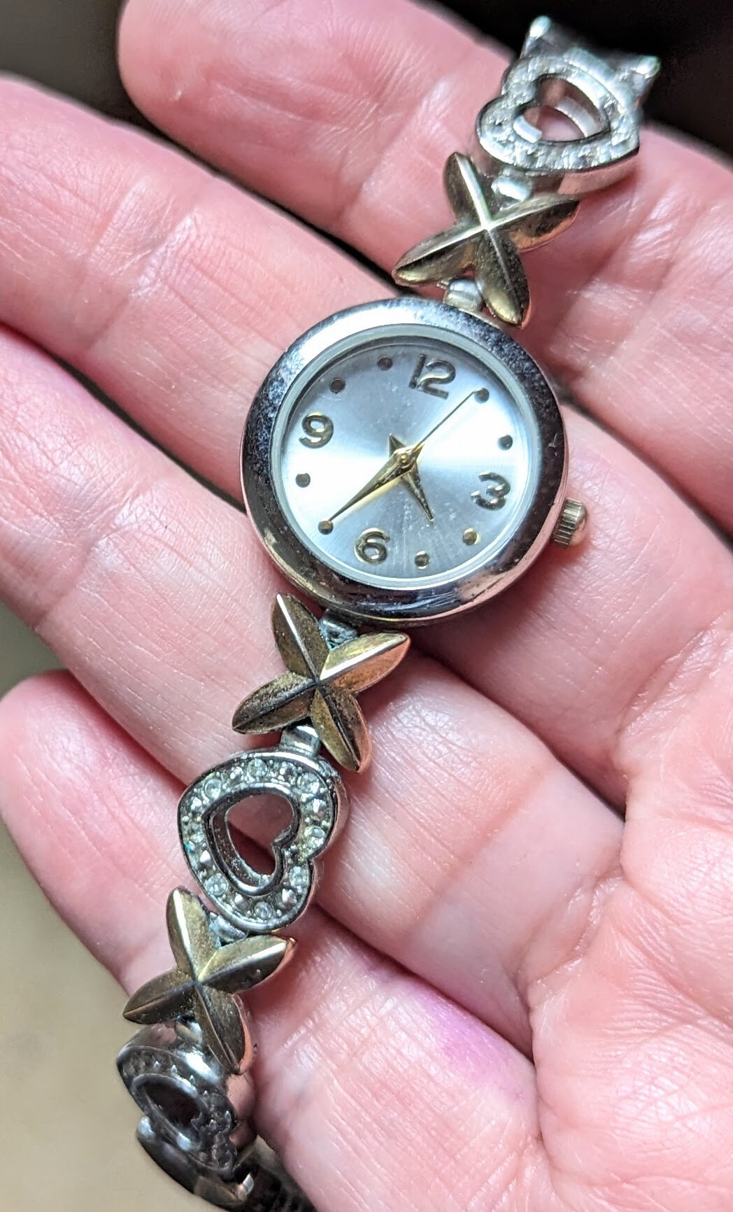 Vintage Working Unmarked 2 Tone Watch Choker Necklace Rhinestones