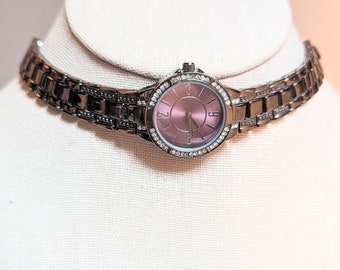 Vintage Unmarked black silver round qtz watch choker with pink face & chain steampunk whimsigoth wedding bridal unique sleek taylor swift