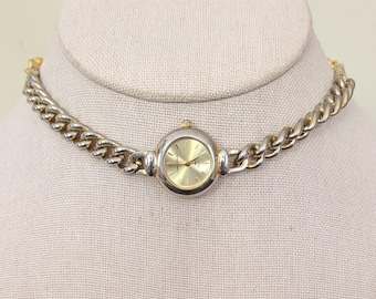 Vintage Sergio Valente gold tone round quartz upcycled choker necklace with cable band steampunk whimsigoth boho unique