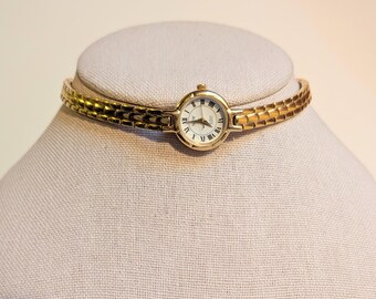 Vintage NOW Gold Tone Round Quartz Upcycled Choker with Tile-Like Band, Non-Working