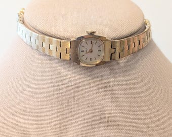 Vintage Timex Gold Tone Rounded Square Quartz Upcycled Choker Necklace with Etched Interlocking Brushed Gold Band