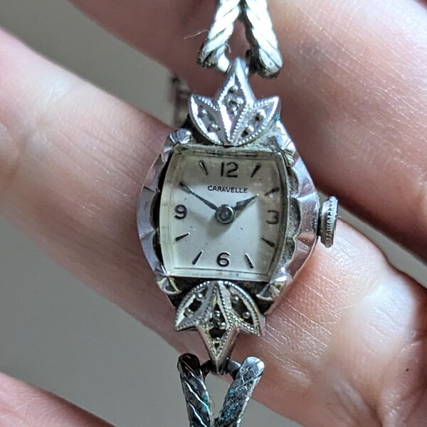 NON-WORKING Vintage Caravelle 10k RGP White Gold Ladies Watch with Vintage White gold Band wimsigoth wedding anniversary steampunk art deco