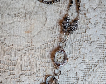 Bulova Silver Tone Upcycled Vintage Watch Necklace with Beaded Chain Handmade Non-Working