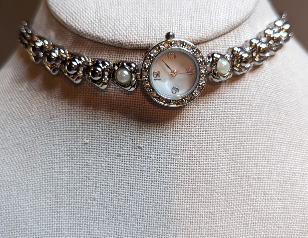 Vintage Working Unmarked Silver Tone Watch Choker With Crystals