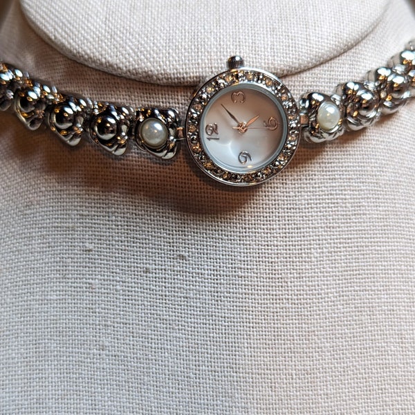 Vintage Unmarked silver tone watch choker with crystals and faux pearls steampunk whimsigoth boho wedding anniversary unique bridal