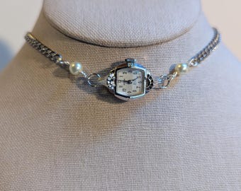 Vintage Medana Watch Choker: Silver Tone Faux Pearl Necklace