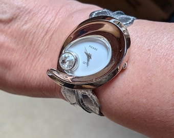 WORKING Vintage Pierre  Silver Tone Watch with crystal on front Unique Unisex Retro