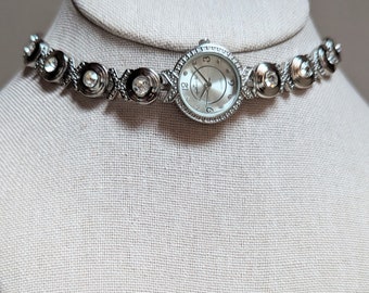 Vintage Hallmark silver tone round qtz watch choker crystals on band steampunk whimsigoth wedding anniversary Taylor Swift style bling