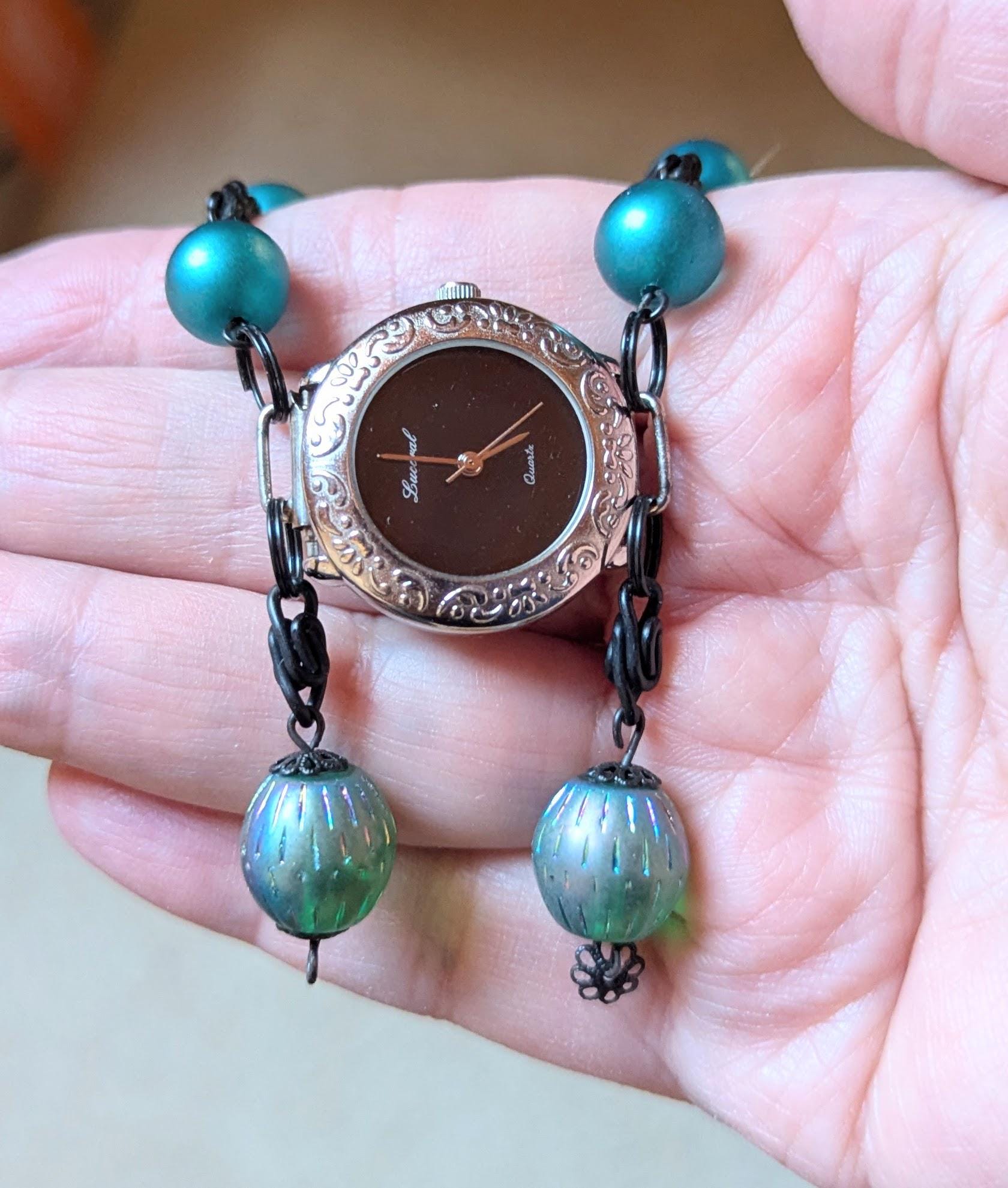Vintage Lucoral Watch Necklace: Silver Tone, Teal Beaded  display picture 3
