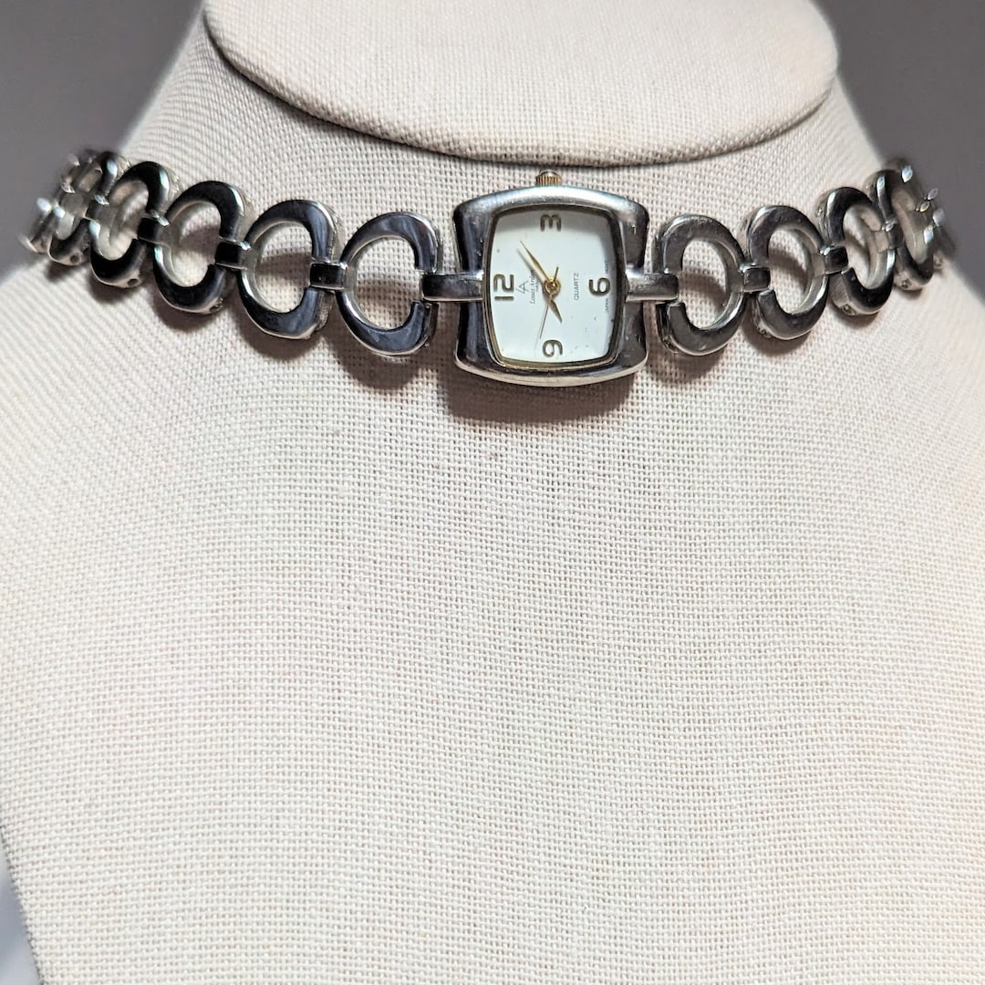 Vintage Louis Arden Silver Tone Square Face Quartz Watch Choker