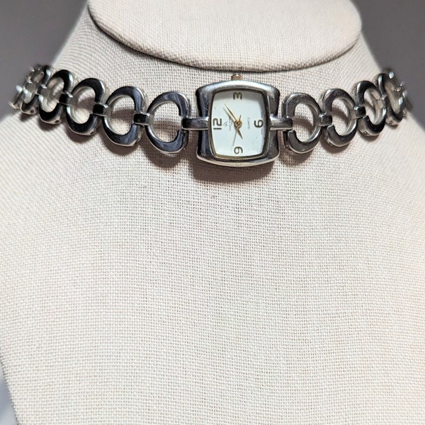 Vintage Louis Arden silver tone square face quartz watch choker steampunk whimsigoth boho linked band wedding anniversary unique Swift style