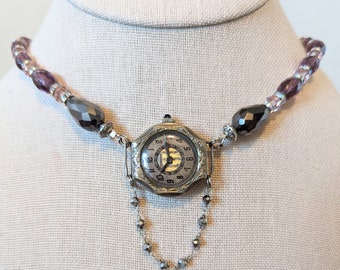 Upcycled Watch Choker Necklace: White Gold Vintage Steampunk Jewelry