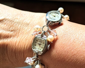 Vintage White Gold Watch Bracelet with Faux Pearls and Crystals Upcycled Steampunk Boho wedding anniversary bridal retirement swiftie style
