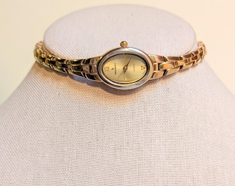 Vintage Working Peugeot Gold Tone Oval Quartz Watch Choker Necklace with Gold Dial and Unique Band