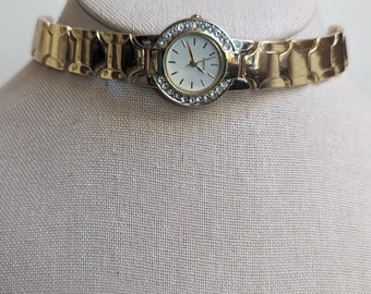 Vintage Unmarked working gold tone quartz watch choker wide band steampunk whimsigoth wedding anniversary unique unisex rhinestones Swiftie