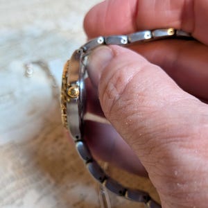 May include: A two-tone wristwatch with a silver-colored band and a gold-colored bezel. The watch face is partially visible, showing gold accents. The watch is held by a hand, showcasing the side profile and the band's links.