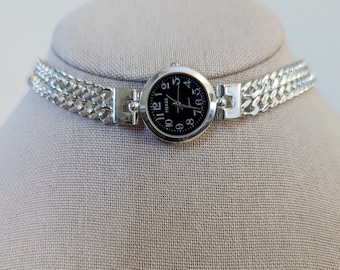 Pierre silver tone round qtz black face watch choker w double chain band steampunk whimsigoth wedding anniversary bridal Taylor Swift Style