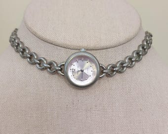 Vintage Faded Glory Watch Choker: Silver Tone Matte Finish Steampunk Necklace Pale Pink Face