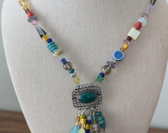 Green Center Stone Multi-Colored Beaded Boho Sundance-Style Necklace Wedding Anniversary Unique Beachy Upcycled Unisex