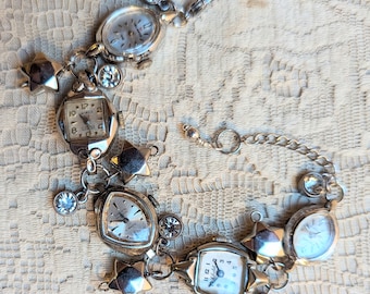 Vintage White Gold Watch Bracelet with Stars and Moons Upcycled Steampunk wedding anniversary bridal retirement crystals