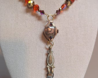 Upcycled vIntage yellow gold filled watch Christmas style necklace red accents holiday sparkle taylor swift style whimsigoth steampunk