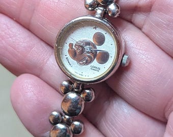 Vintage working Lorus silver tone Disney Micky Mouse watch w mouse ear band steampunk upcycled whimsigoth swift style embossed Mickey head
