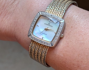Arbeiten Vintage Anne Klein Diamant Gold Tone Uhr Woven Typ Band Neue Batterie