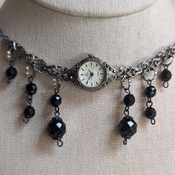 Vintage Jalga silver tone quartz watch choker w black beads markasites Steampunk Upcycled Whimsigoth Wedding Anniversary Delicate Swiftie