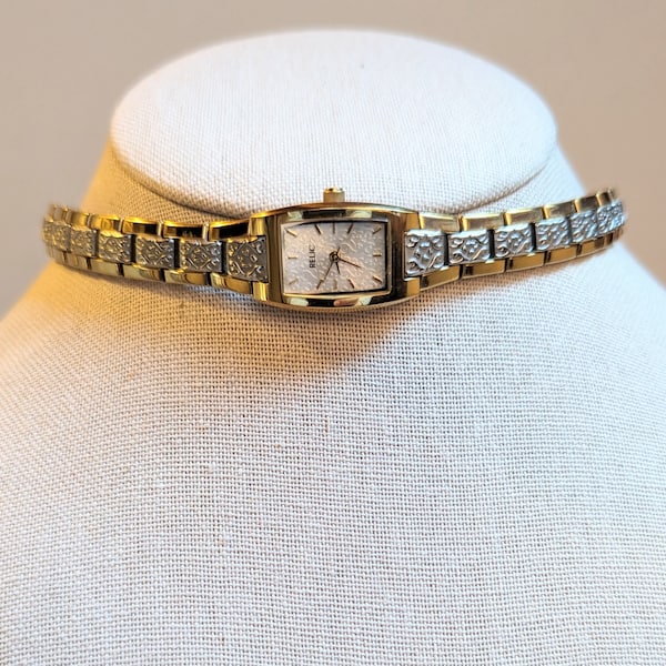 Relic 2-tone rectangular quartz watch choker with embossed matte silver center steampunk whimsigoth modern wedding anniversary elegant