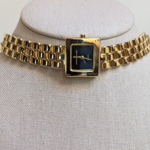 Jones NY gold tone square quartz watch choker w black face steampunk whimsigoth woven type band wedding anniversary unique classic unisex