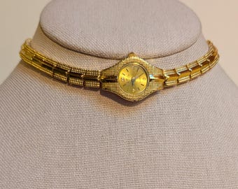Vintage Working Hao Da Gold Tone Round Quartz Upcycled Choker with Dainty Band and New Battery