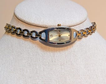 Vintage George Two Tone Elongated Rectangle Quartz Watch Choker Necklace Steampunk Swiftie Style Non Working