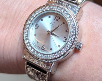 Vintage Kim Rogers Rhinestone Cuff Watch: Silver Tone Filigree Bracelet