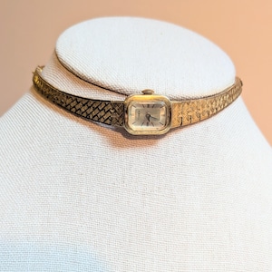 Vintage Timex Gold Tone Rounded Rectangle Quartz Upcycled Choker Necklace with Etched Band Non-Working