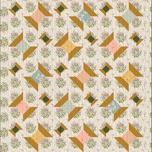May include: A quilt pattern featuring a repeating design of stylized spools in various colors, including pink, green, and yellow, set against a cream background. The quilt measures 60.5 x 66.5 inches.