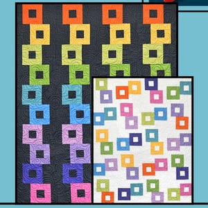 May include: A quilt pattern design featuring the word "GEMINI" at the top. The design includes two quilt examples: one with a black background and colorful squares, and another with a white background and colorful squares. The text "Villa Rosa Designs" is at the bottom.