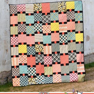 May include: A colorful patchwork quilt with a variety of patterns, including plaid, stripes, and floral designs. The quilt features squares in shades of pink, yellow, blue, and black, with black and orange accents. The word "Beaded" is written in cursive at the top.