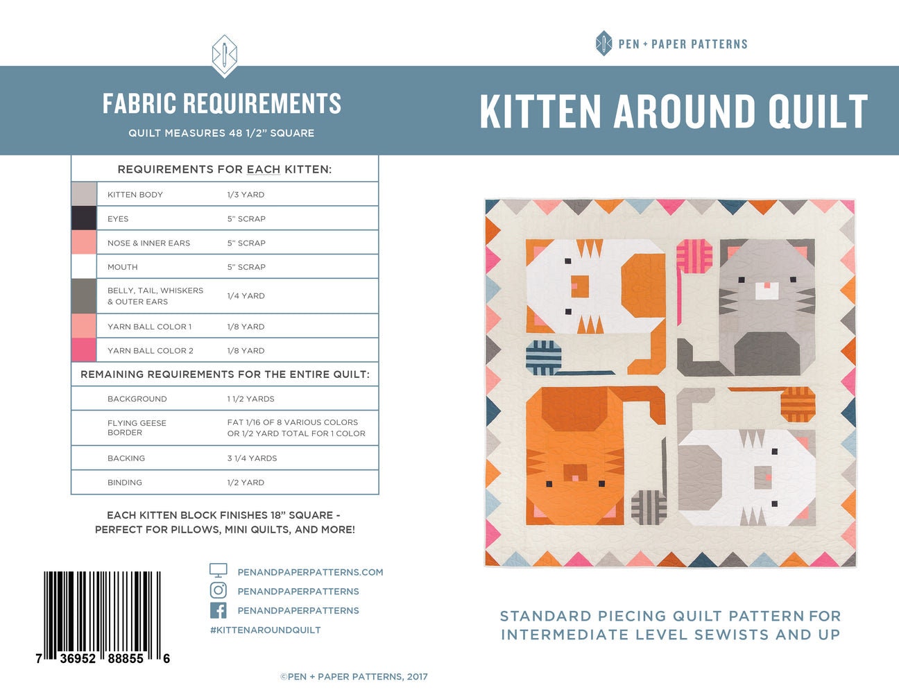 Kitten Around Quilt Pattern by Pen and Paper Patterns - Cat Quilt Pattern