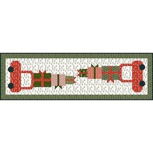 May include: A red truck carrying a stack of wrapped gifts with green, red, and white patterned paper. The truck is on a white background with a green border.