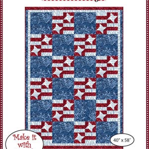 May include: A fabric panel with a patriotic design. The quilt features a pattern of red and white stripes and stars on a blue background. The dimensions are 40" x 58". The text "Patriotic Pride" is displayed at the bottom.