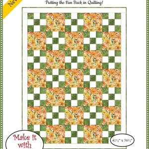May include: A quilt pattern titled "Nine Plus One" with a floral design in orange, yellow, and green. The quilt measures 41.5 x 56.5 inches and features a checkerboard pattern. The Fabric Café logo is at the top.