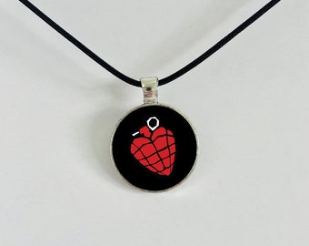 Heart Grenade Emo Millennial Handmade Simple Silver Circle Necklace with Black Braided Cord