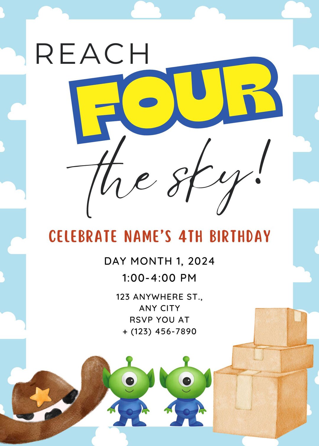 Reach FOUR the Sky Birthday Invitation - Etsy