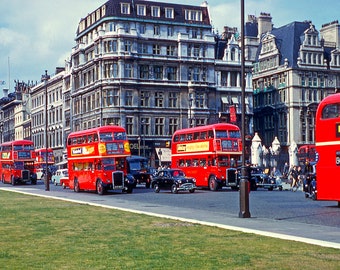 Vintage 1957 Kodachrome London England Double Decker Bus Color Photograph Wall Art Print Home Decor