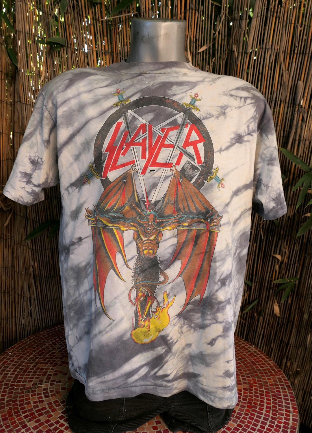 80's Vintage 1988 SLAYER Crucified Demon Tie Dye T Shirt Large