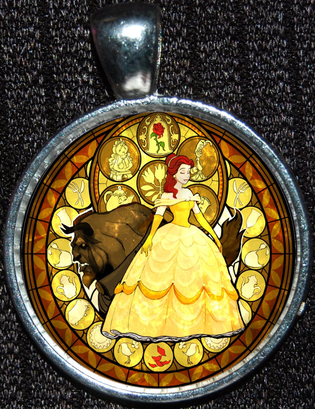 beauty:beast メタルペンダント Beauty and the Beast Belle Princess Stained Glass Silver Pendant