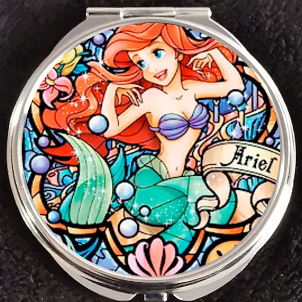 Ariel Little Mermaid Princess Stained Glass Flounder Tattoo Siren Flash Art Disney Makeup Compact Double Mirror Disneyland Walt World