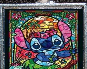 Disney Lilo & Stitch Hula Hawaiian Ukelele Vidriera Vidrio Plata Colgante Collar