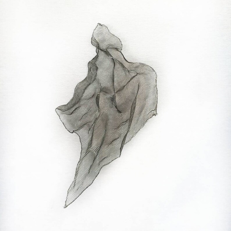 May include: A draped sculpture made of a fine, dark gray mesh material. The artwork is abstract, with flowing, fabric-like forms against a white background. The mesh appears to be metallic, creating a play of light and shadow.