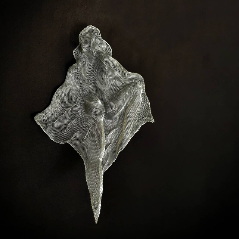 May include: A silver-colored, abstract metal sculpture against a dark background. The sculpture appears to be made of a mesh material, with a draped, flowing form. The piece has a unique, artistic design, and is likely a wall hanging or decorative art piece.